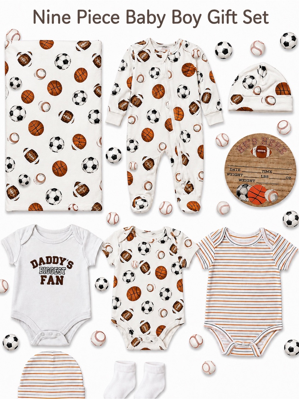 NWT Baby Essentials Nine Piece Baby Boy Sports Bamboo Gift Set